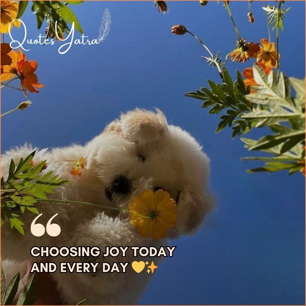 Cute puppy among flowers with choosing joy today caption for happiness day