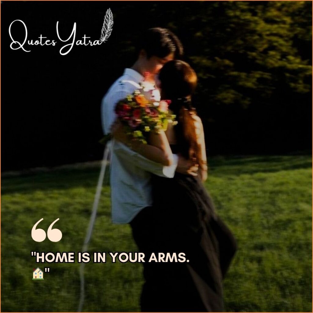 Short Hug Day captions for Instagram, couple dancing in field, aesthetic blurry vibe, quote about home.