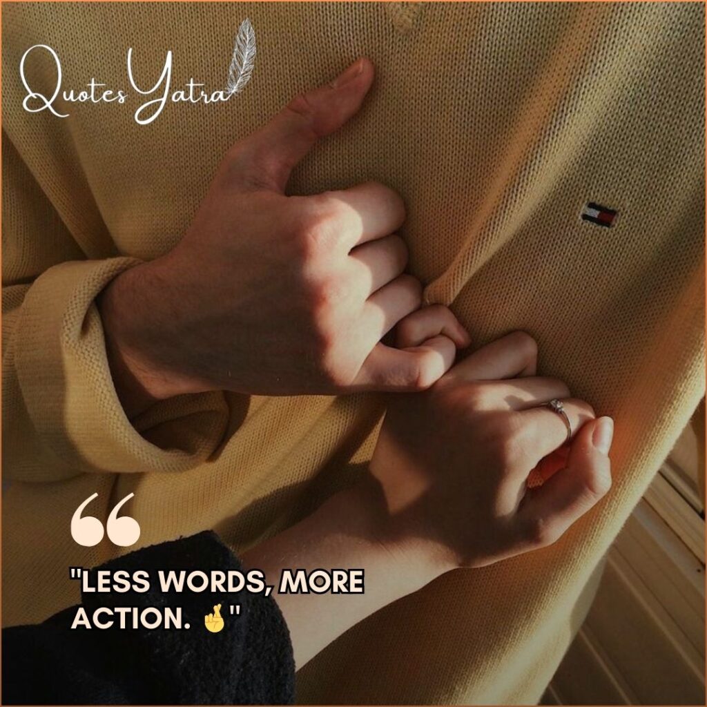 Close-up of hands wearing a ring, interlocked in a promise, with a short caption "Less words, more action."