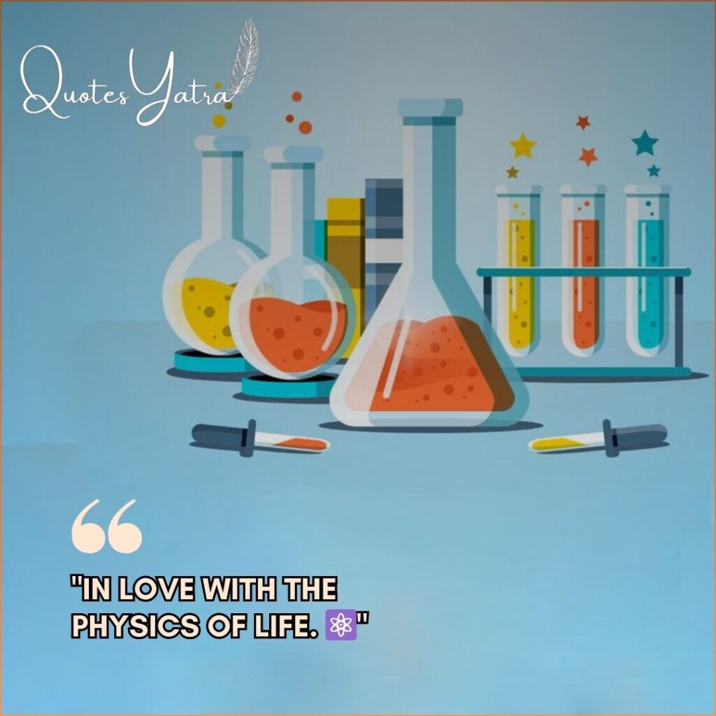 Vector illustration of test tubes and flasks with a caption about loving the physics of life.