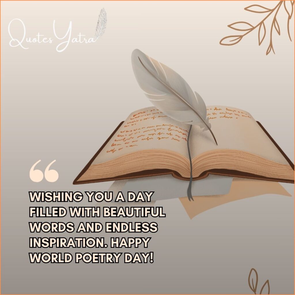 Illustrated open book with feather pen and World Poetry Day greeting