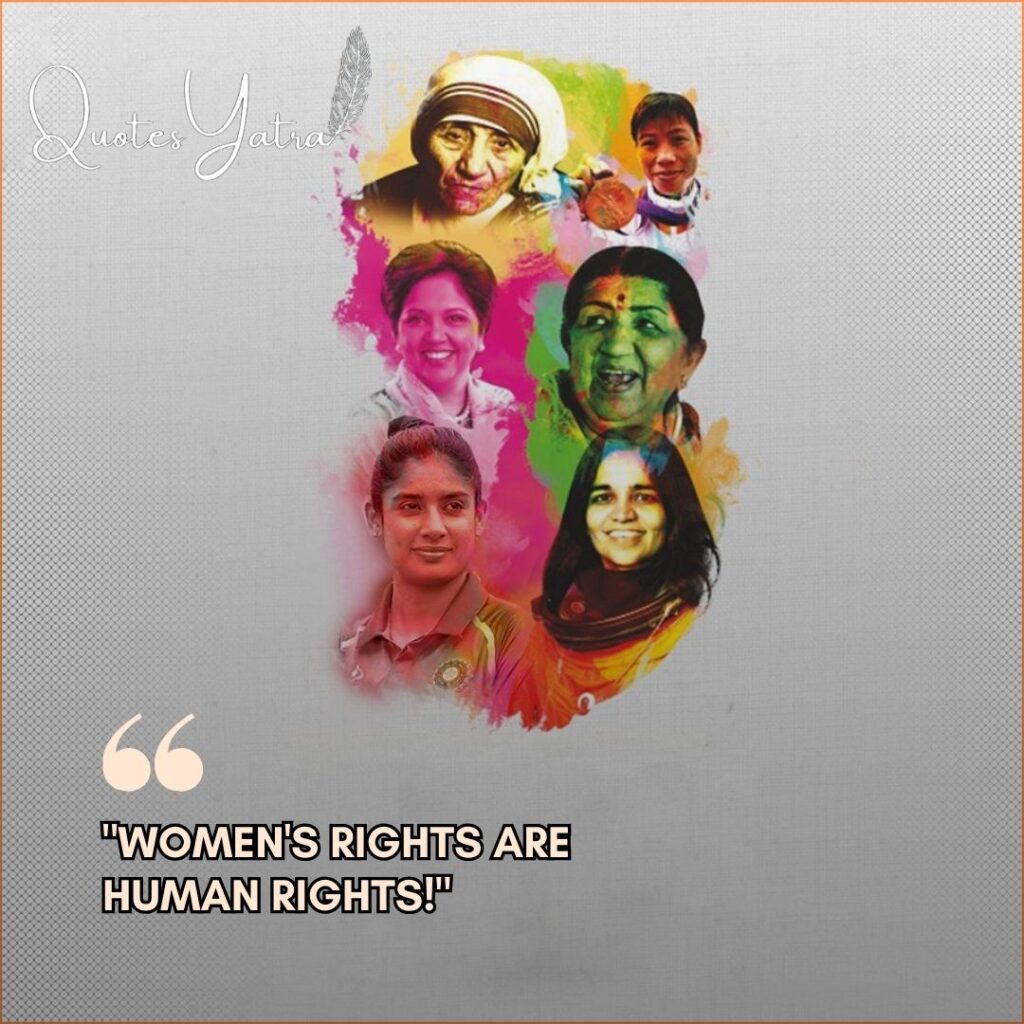 Vertical artistic collage of Indian female icons like Mother Teresa and Mithali Raj with colorful paint splashes.
