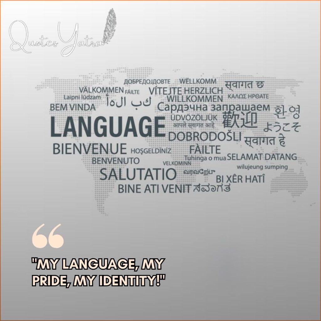 Word cloud in the shape of a world map with the word "LANGUAGE" prominent in the center. Text reads: "My Language, My Pride, My Identity!"