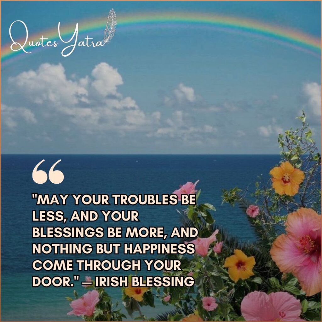 A rainbow stretching over the ocean with pink hibiscus flowers in the foreground and an Irish Blessing quote.