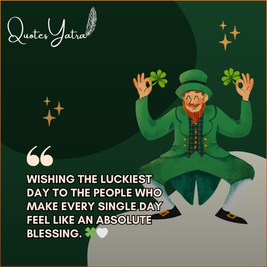 Leprechaun holding shamrocks wishing happiness to friends St. Patrick’s Day message