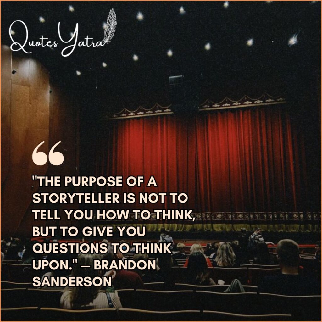 Storytelling theatre quote image showing stage curtains and seated audience