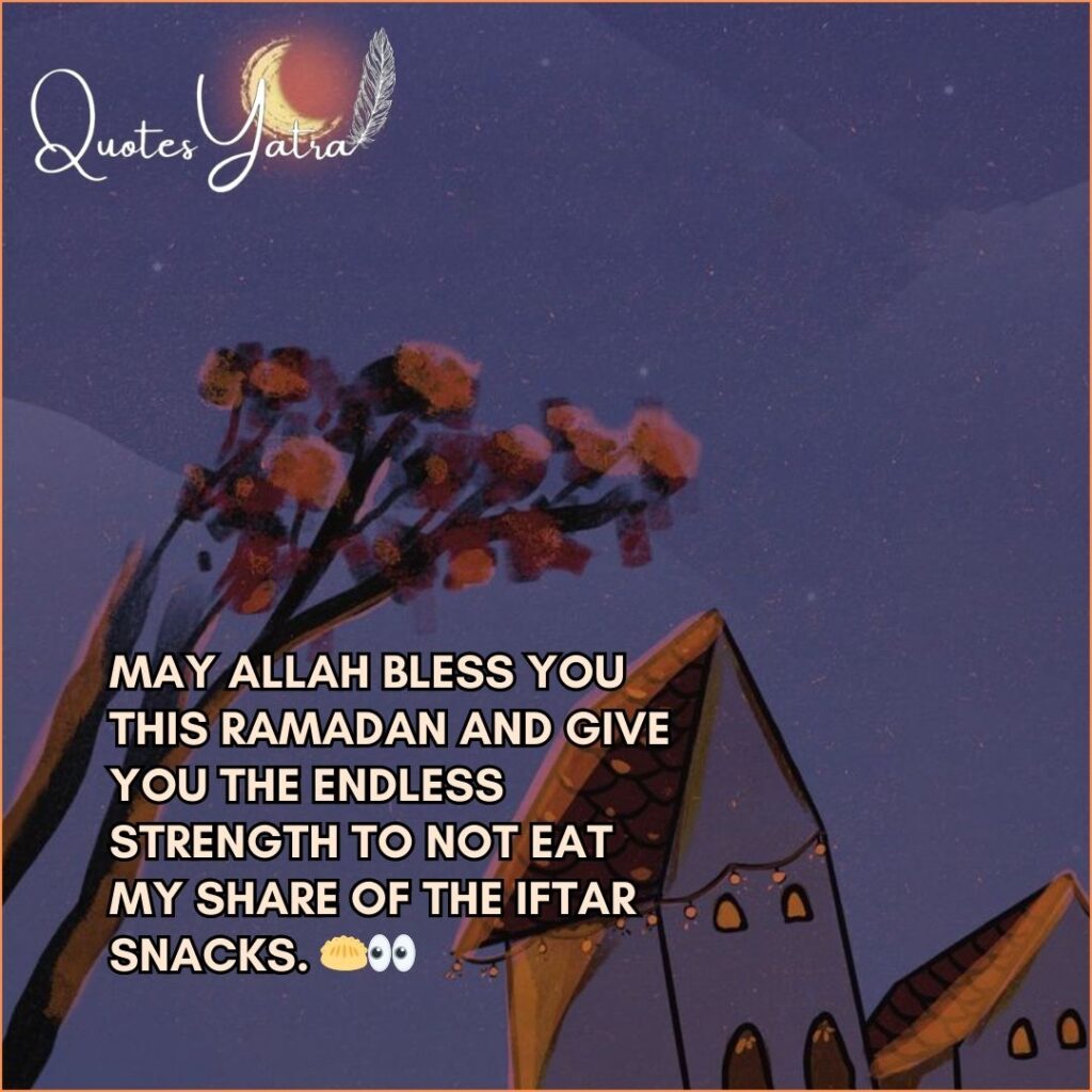 Funny Ramadan family wish about not eating Iftar snacks under crescent moon illustration.