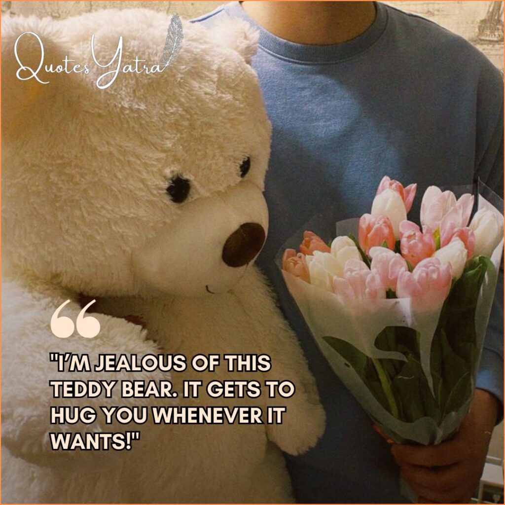 A person holding a large white stuffed bear and a bouquet of fresh pink and white tulips.