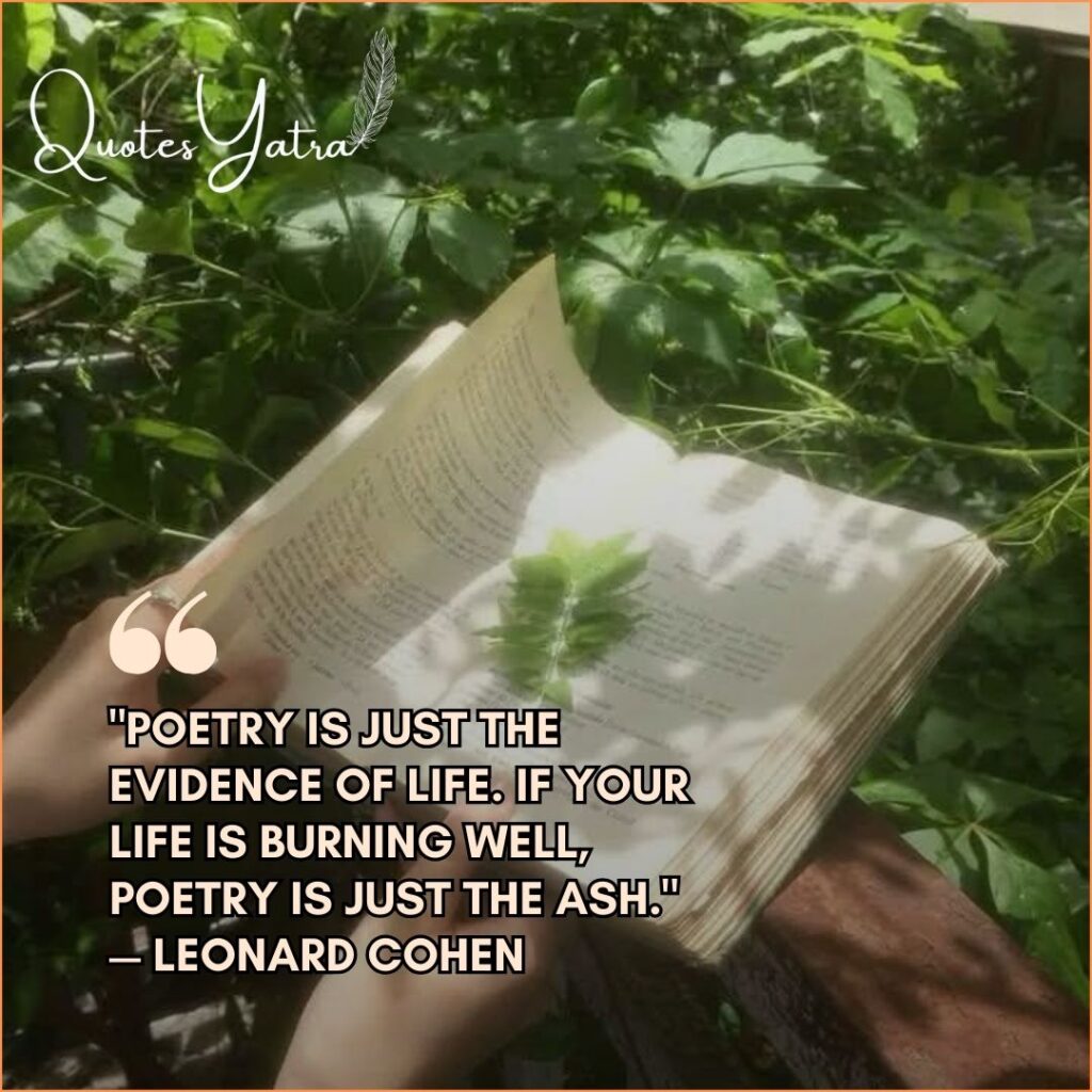 Person reading a poetry book outdoors with leaves and a Leonard Cohen poetry quote