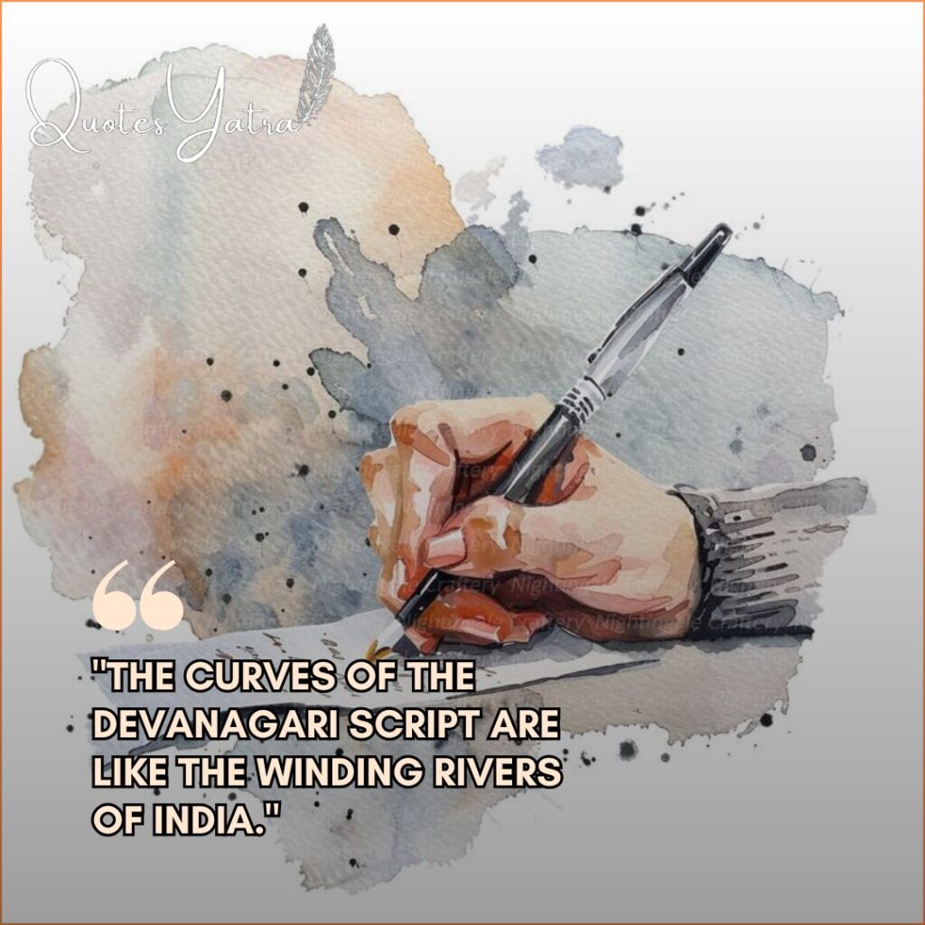 Watercolor artistic background showing a hand writing with a fountain pen. Text: "The curves of the Devanagari script are like the winding rivers of India."