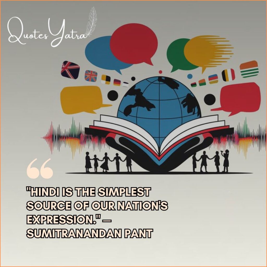 Illustration of an open book with a globe, colorful speech bubbles, and silhouettes of children holding hands. Text quote by Sumitranandan Pant: "Hindi is the simplest source of our nation's expression."
