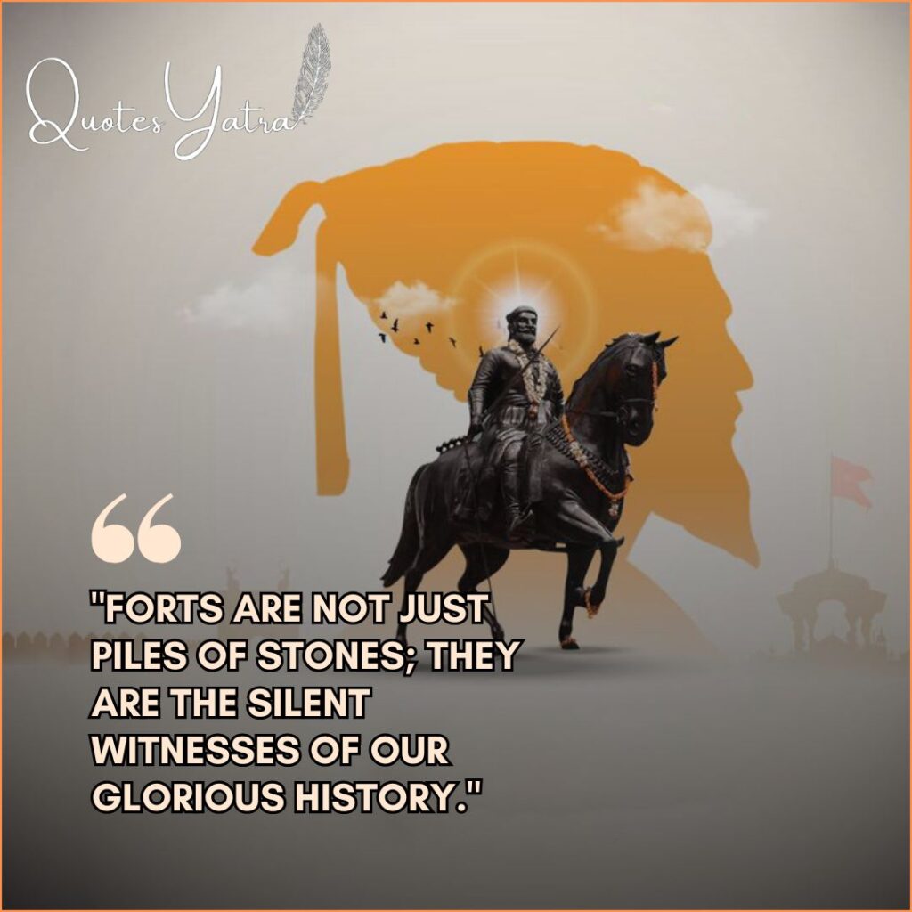 Double exposure graphic of Shivaji Maharaj and a fort silhouette with a quote about forts being silent witnesses.