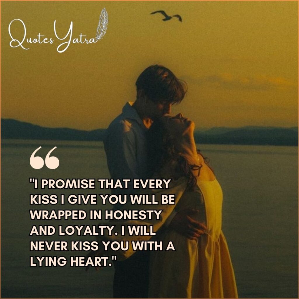Kiss of Promise vow image showing a couple standing by a lake at sunset with a promise of honesty and loyalty.