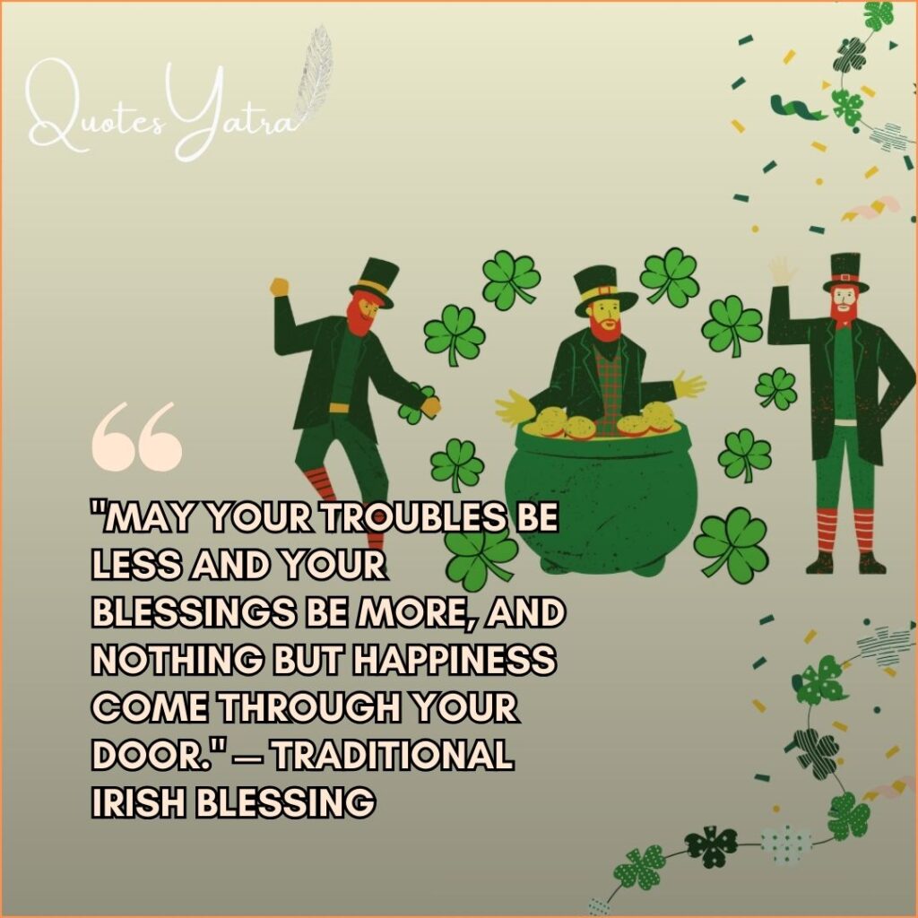 Traditional Irish blessing quote image with shamrocks and leprechaun pot, St. Patrick’s Day Quotes