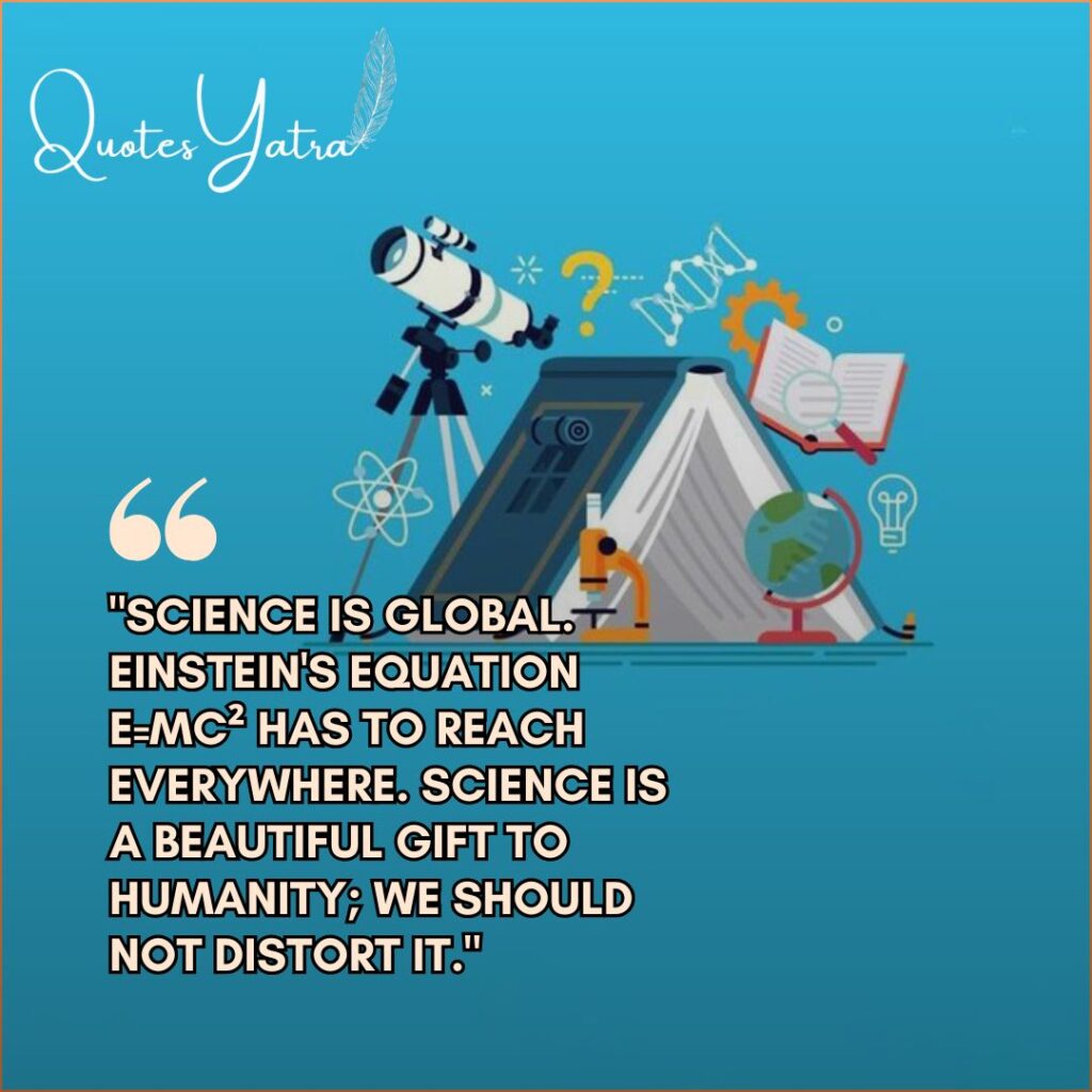 Blue graphic with telescope and books illustrating Dr. Kalam's quote about science being a global gift.