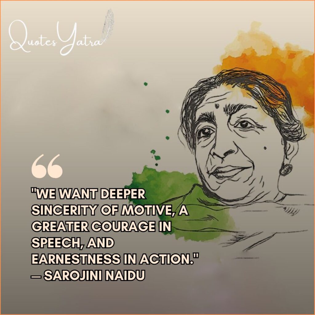 Sketch illustration of Sarojini Naidu with a watercolor background and a quote about courage and sincerity.