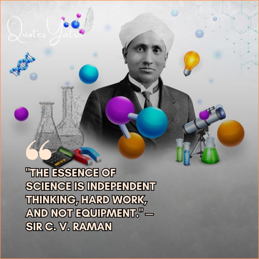 Portrait of Sir C.V. Raman surrounded by colorful 3D science molecules and equipment, featuring his quote about independent thinking.