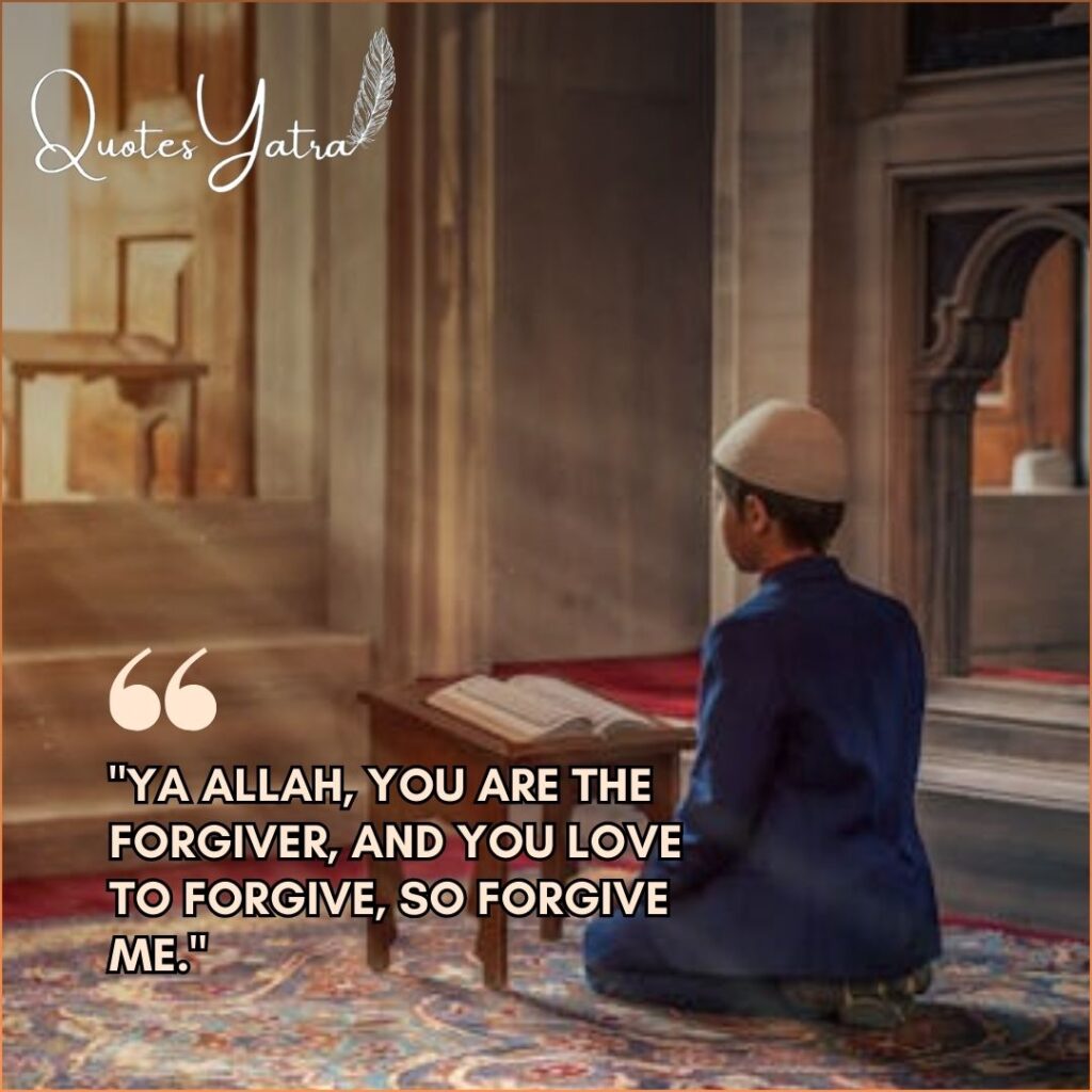 Young boy sitting in a mosque praying during the Third Ashra of Ramadan, featuring the specific Dua for Laylatul Qadr: "Ya Allah You are the Forgiver."