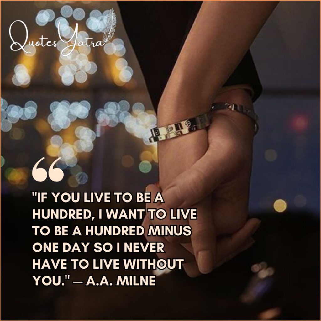 Close-up of holding hands at night with bokeh lights, featuring a famous A.A. Milne quote.