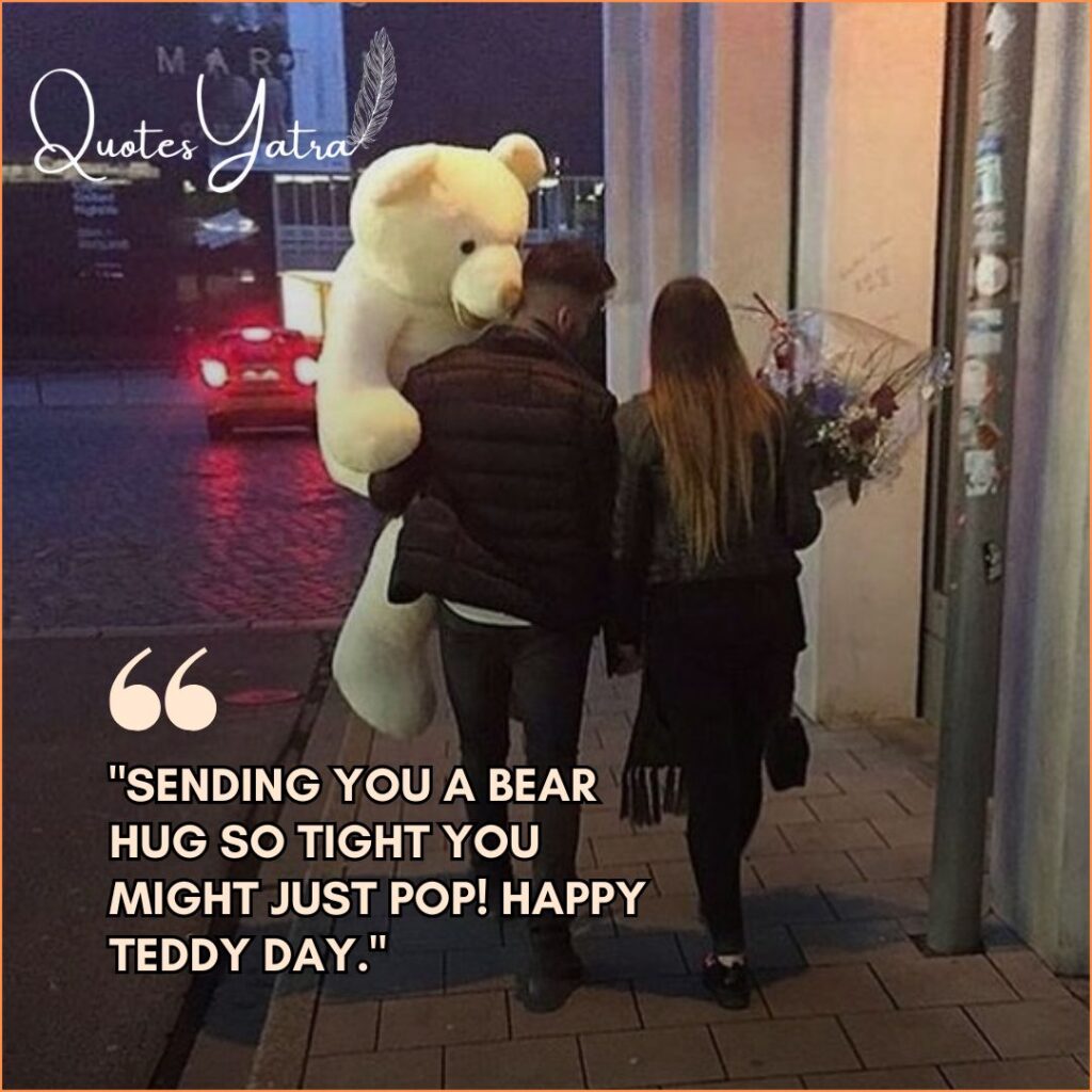 A couple walking down a city street at night, with the man carrying a life-sized cream plush bear on his back.