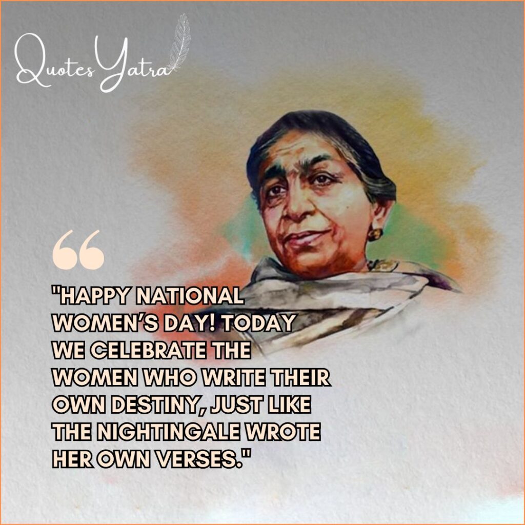 Happy National Women's Day wishes 2026 card featuring a watercolor painting of Sarojini Naidu.