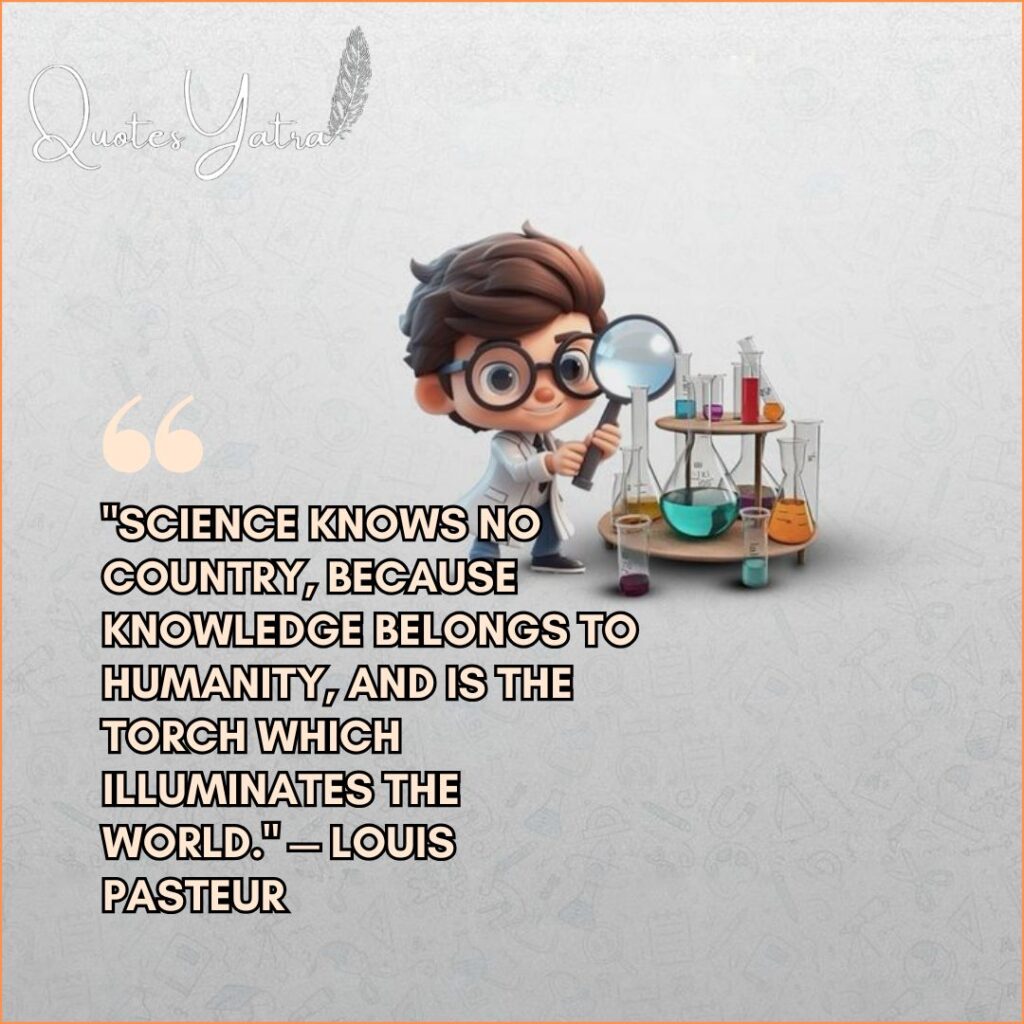 3D cartoon boy scientist holding a magnifying glass near chemical beakers with a quote by Louis Pasteur.