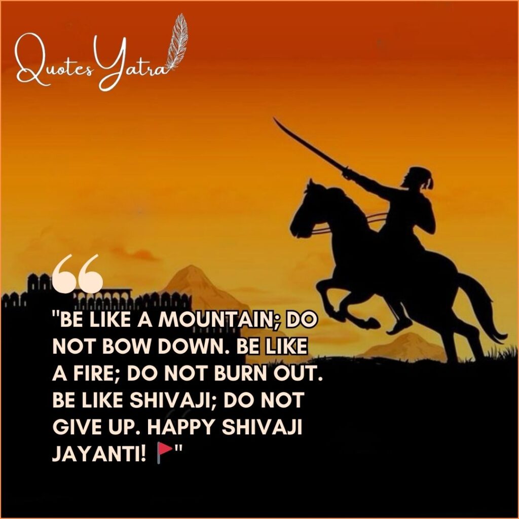 Silhouette of Shivaji Maharaj on a horse against a sunset with motivational Shivaji Jayanti Quotes about not bowing down.