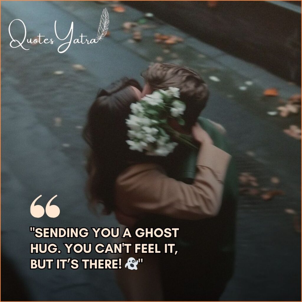 Hands holding a smartphone displaying a cute "Ghost Hug" illustration or message.