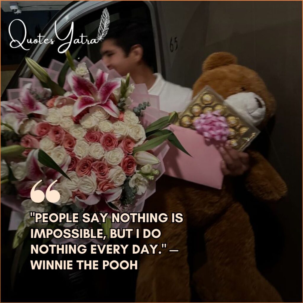 A person sitting in a vehicle holding a brown teddy bear, a large bouquet of lilies and roses, and a box of chocolates.
