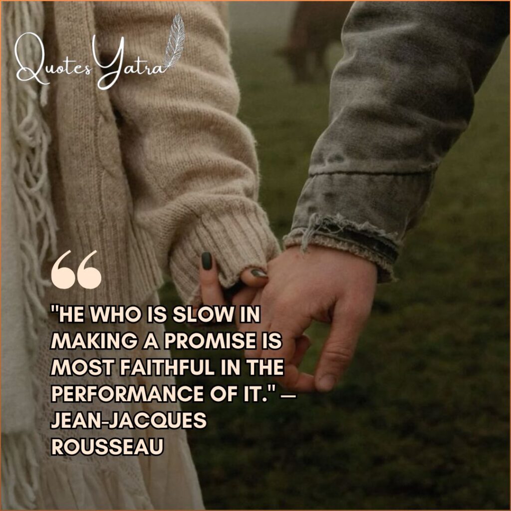 Couple holding hands while walking in a foggy field, with a philosophical quote by Jean-Jacques Rousseau.