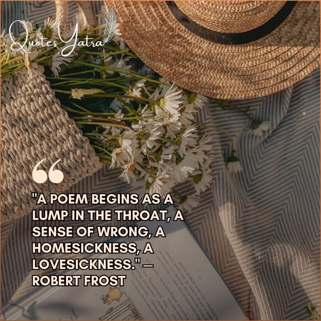 A picnic scene with a straw hat, a basket of daisies, and an open book with a Robert Frost quote.