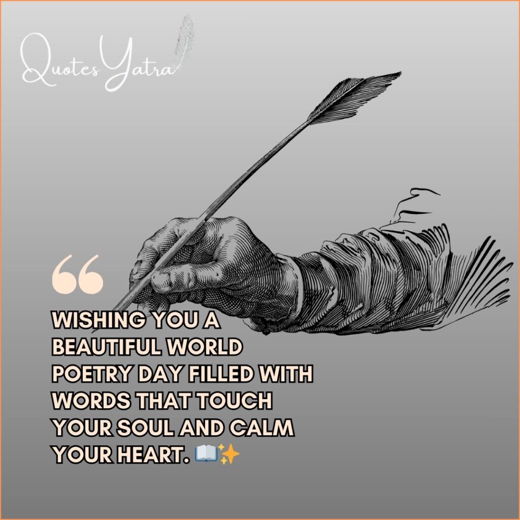 Hand holding a quill pen illustration with World Poetry Day greeting message