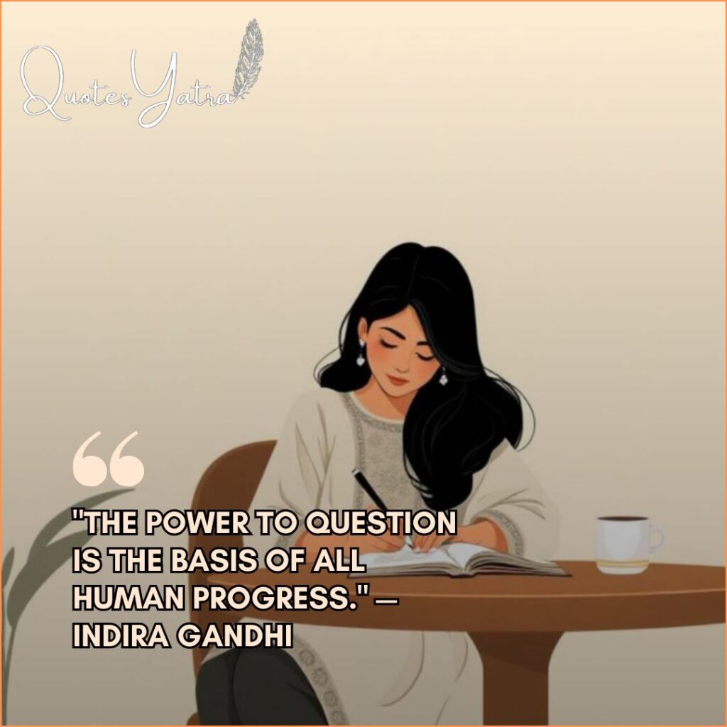 Illustration of a woman writing in a diary at a desk with a coffee cup, featuring an Indira Gandhi quote.