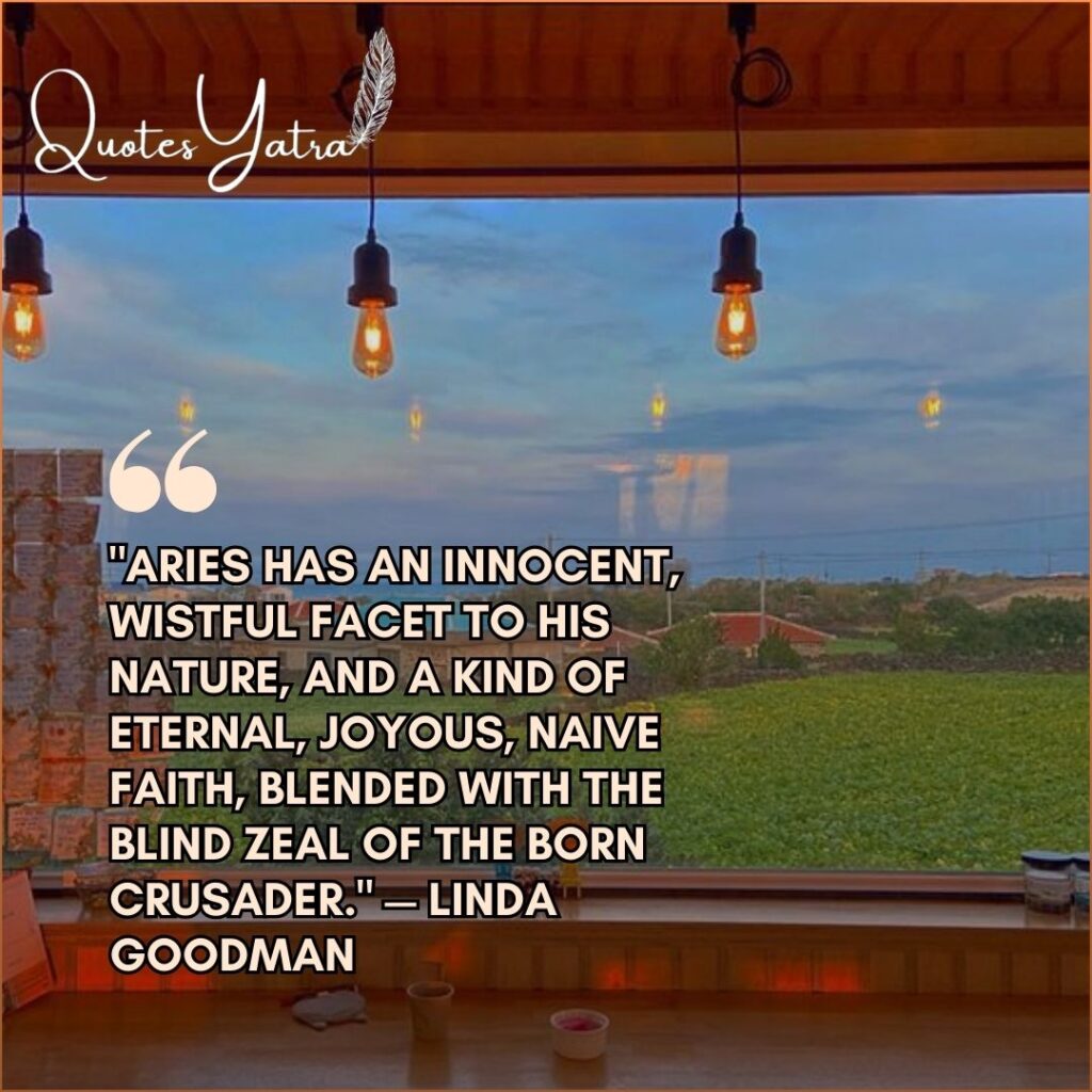 Aries personality quote by Linda Goodman displayed over a peaceful window view with warm lights and countryside scenery.