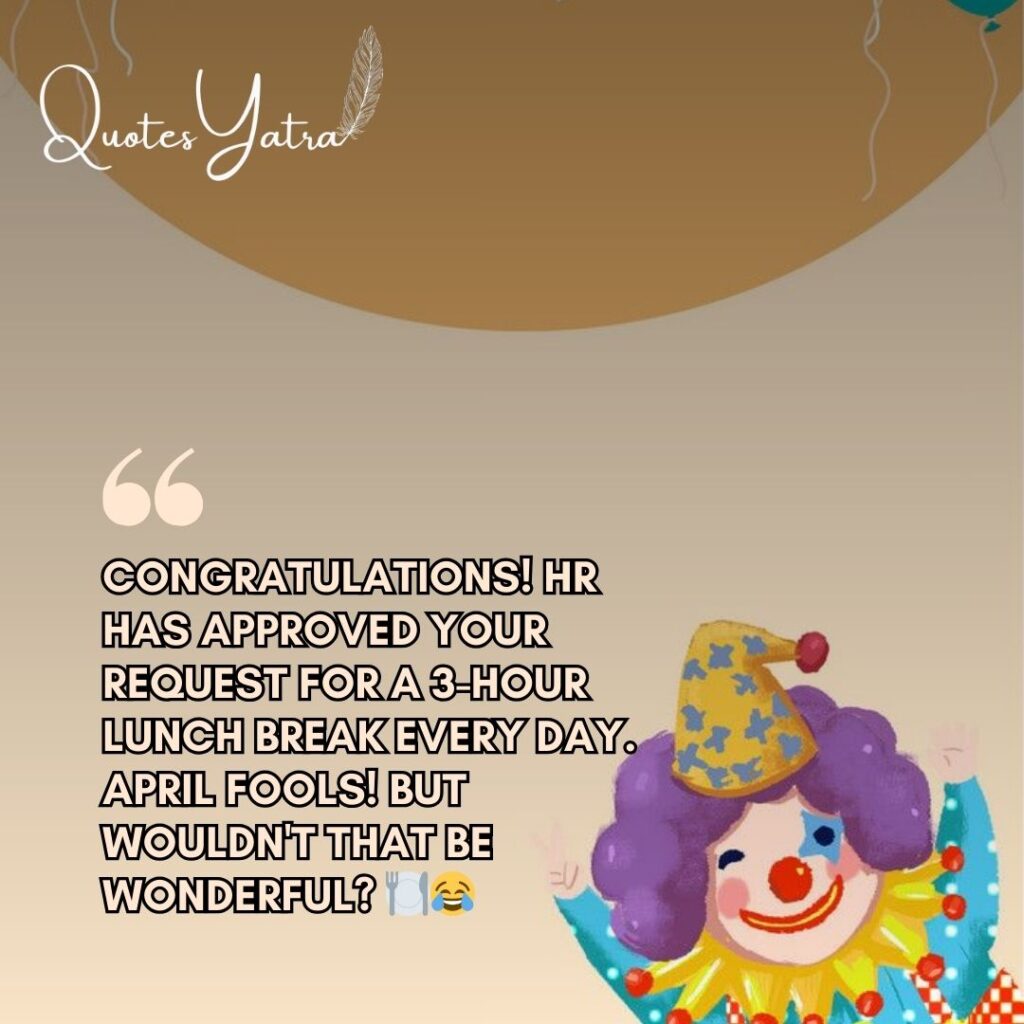 Cartoon clown illustration with funny office message about a 3-hour lunch break prank.