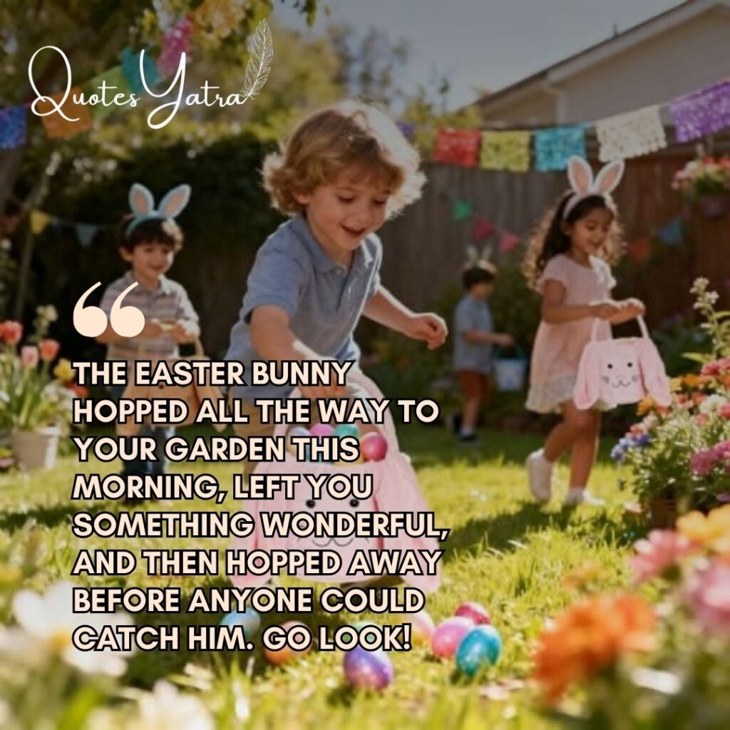 Young children wearing bunny ears running excitedly through a colorful spring garden decorated with bunting flags and bright flowers during an Easter egg hunt