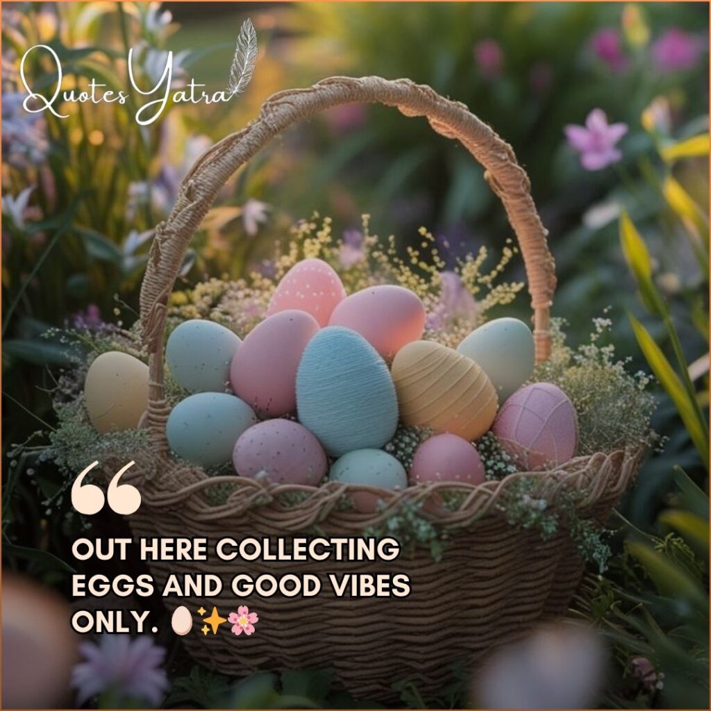 A wicker basket overflowing with large soft pastel Easter eggs in pink blue yellow and cream tones nestled among delicate white wildflowers in a warm spring garden