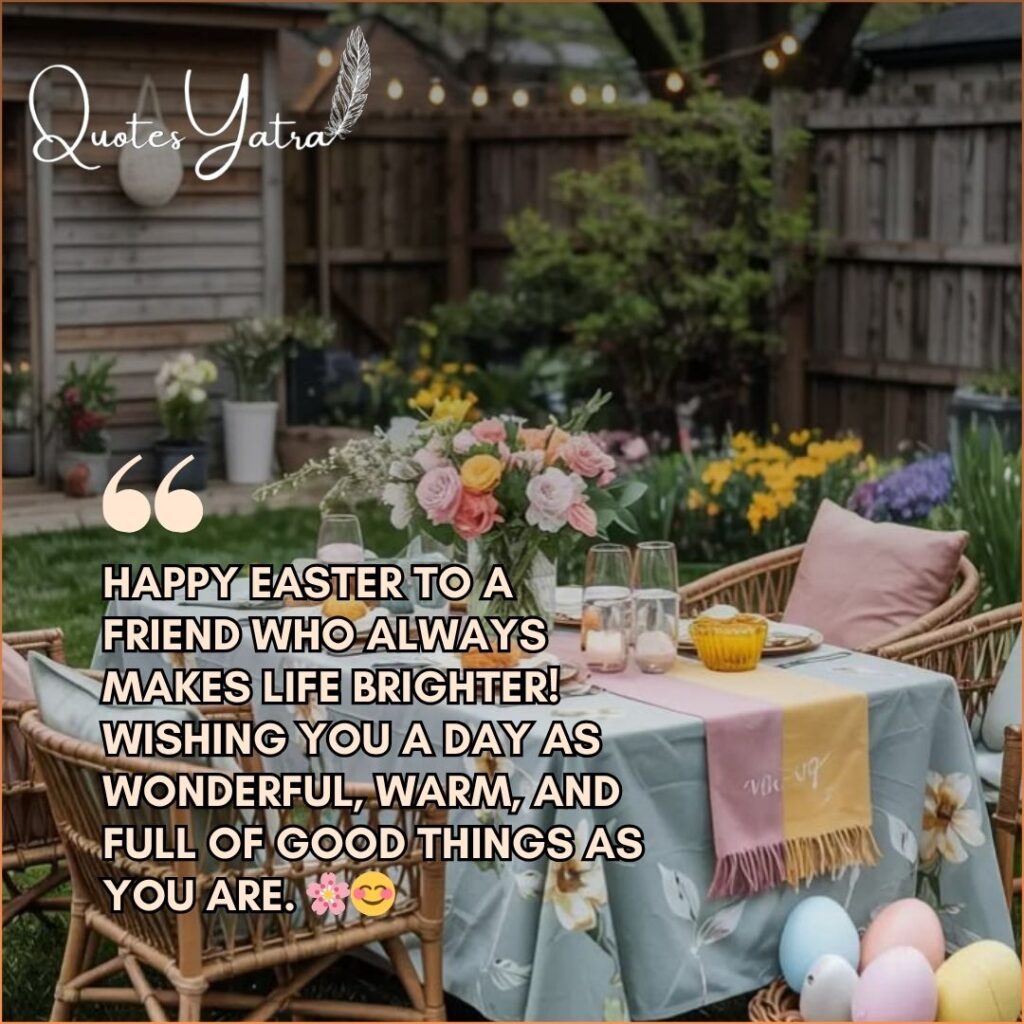 A beautifully styled outdoor garden dining table set with pink roses fresh spring flowers and pastel Easter eggs surrounded by rattan chairs and warm string lights