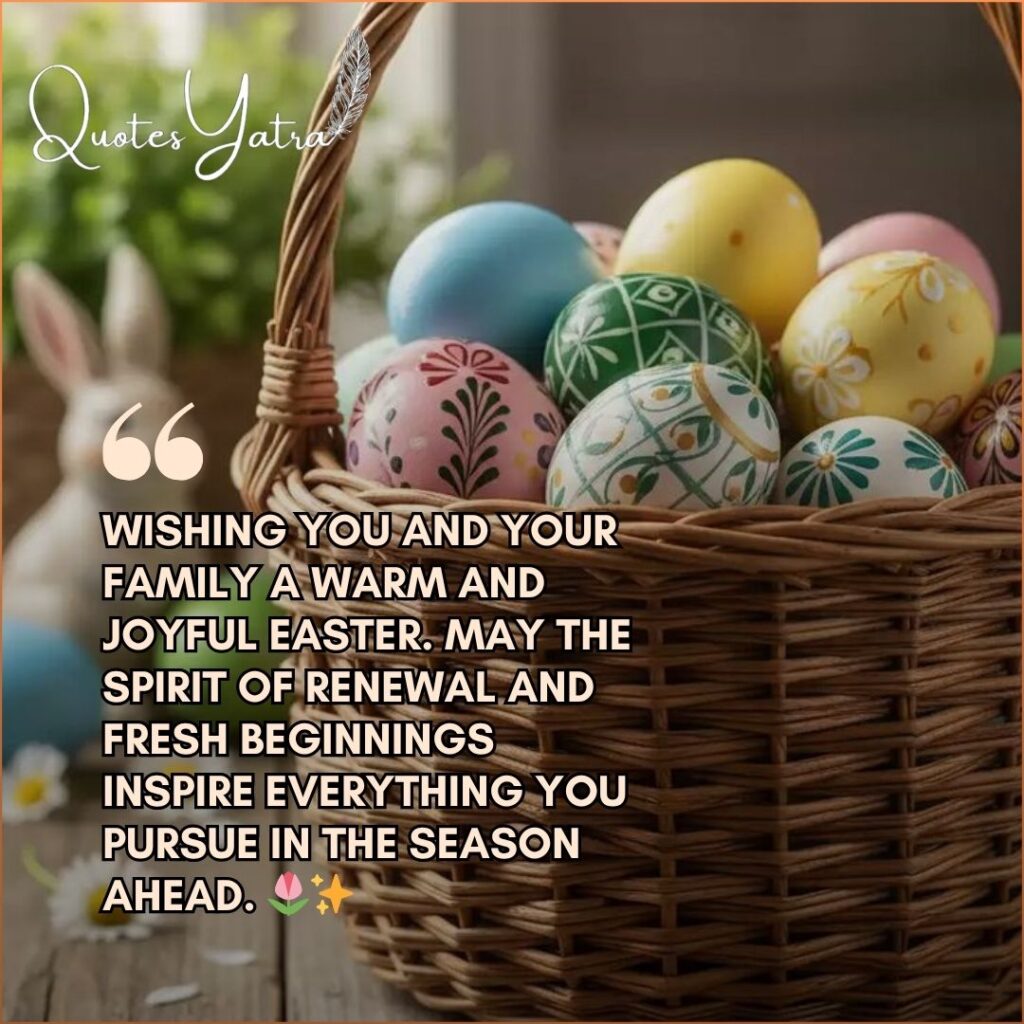 A wicker Easter basket filled with beautifully hand-painted colorful eggs beside a white ceramic bunny figurine and delicate spring flowers on a rustic wooden table
