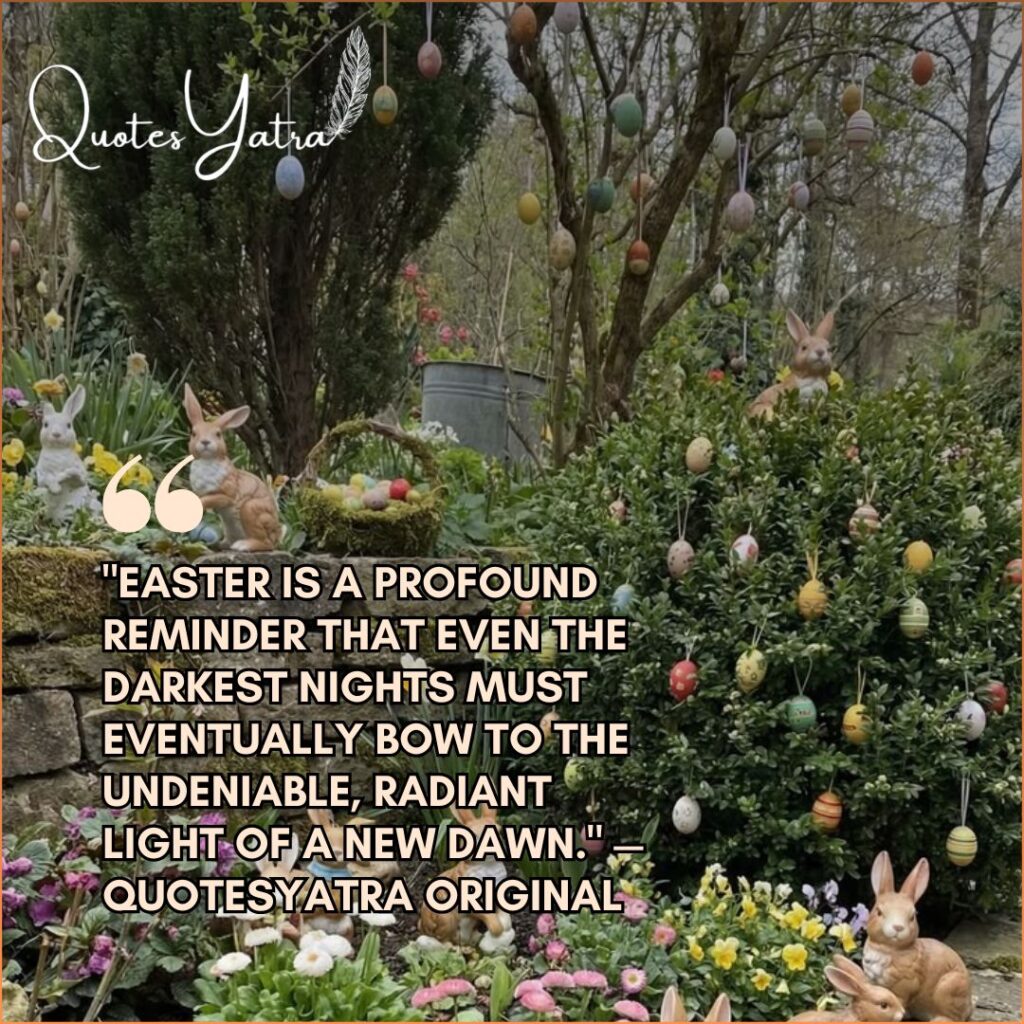 A lush Easter garden filled with hanging decorated eggs on tree branches, ceramic bunny figurines among wildflowers, and colorful spring blooms throughout