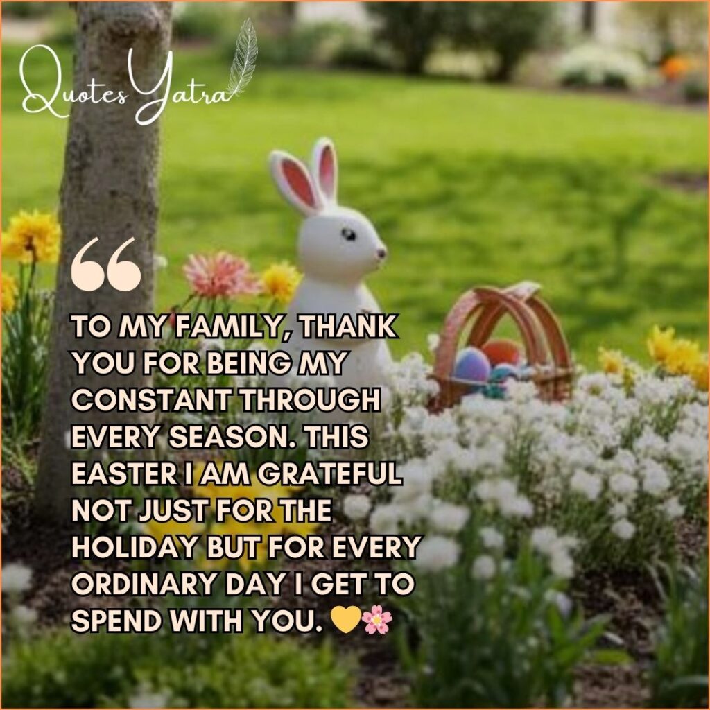 A white ceramic Easter bunny figurine sitting beside a colorful wicker Easter basket surrounded by yellow daffodils and white spring flowers in a bright sunny garden