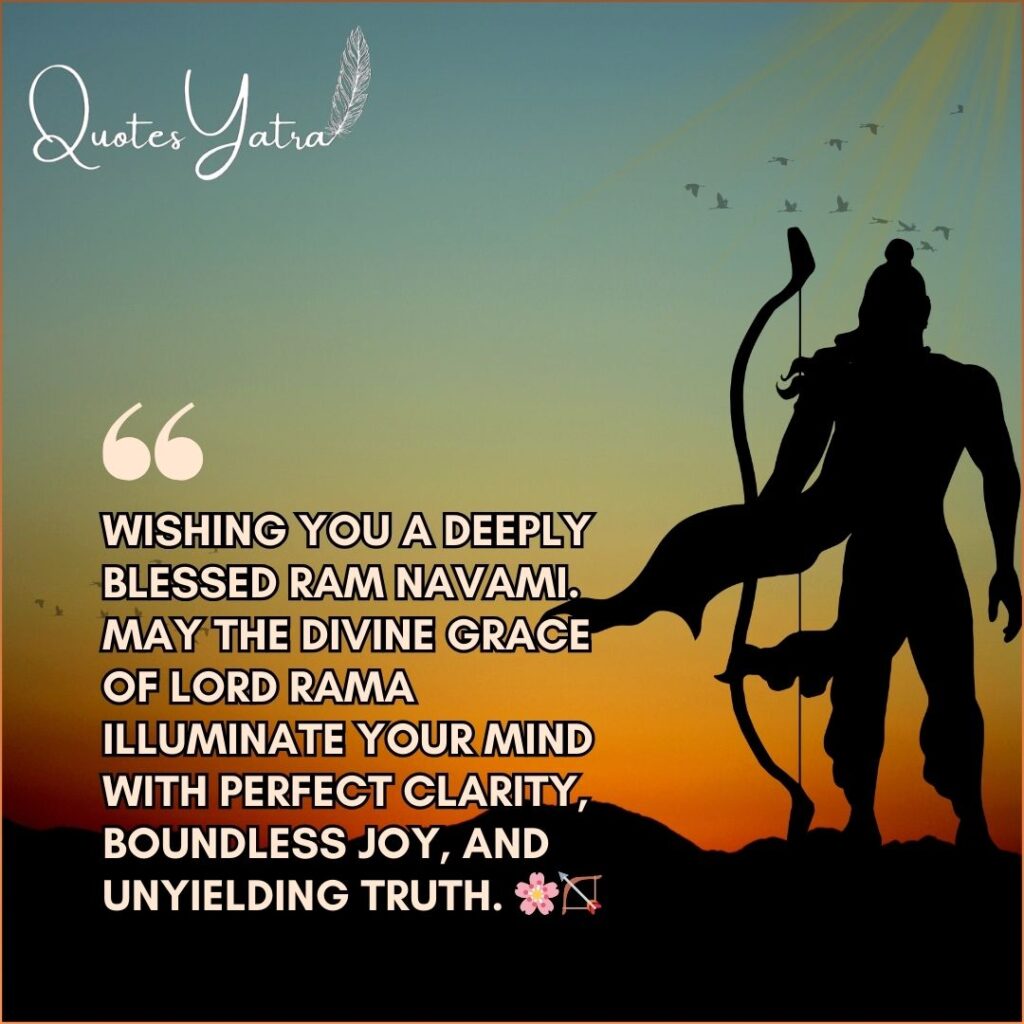 Lord Rama illustration with temple background and Ram Navami blessing quote wishing peace and joy.