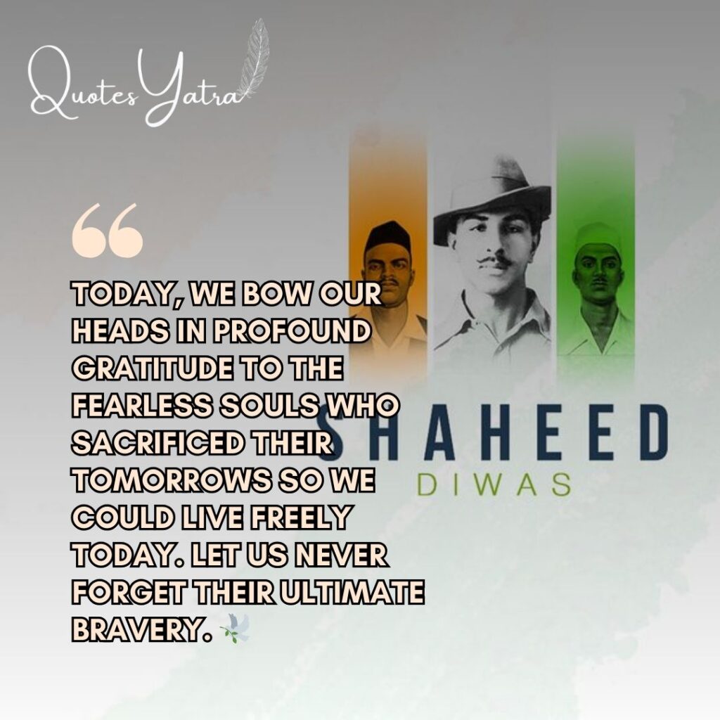 Shaheed Diwas tribute message honoring Bhagat Singh, Rajguru, and Sukhdev with Indian tricolor design
