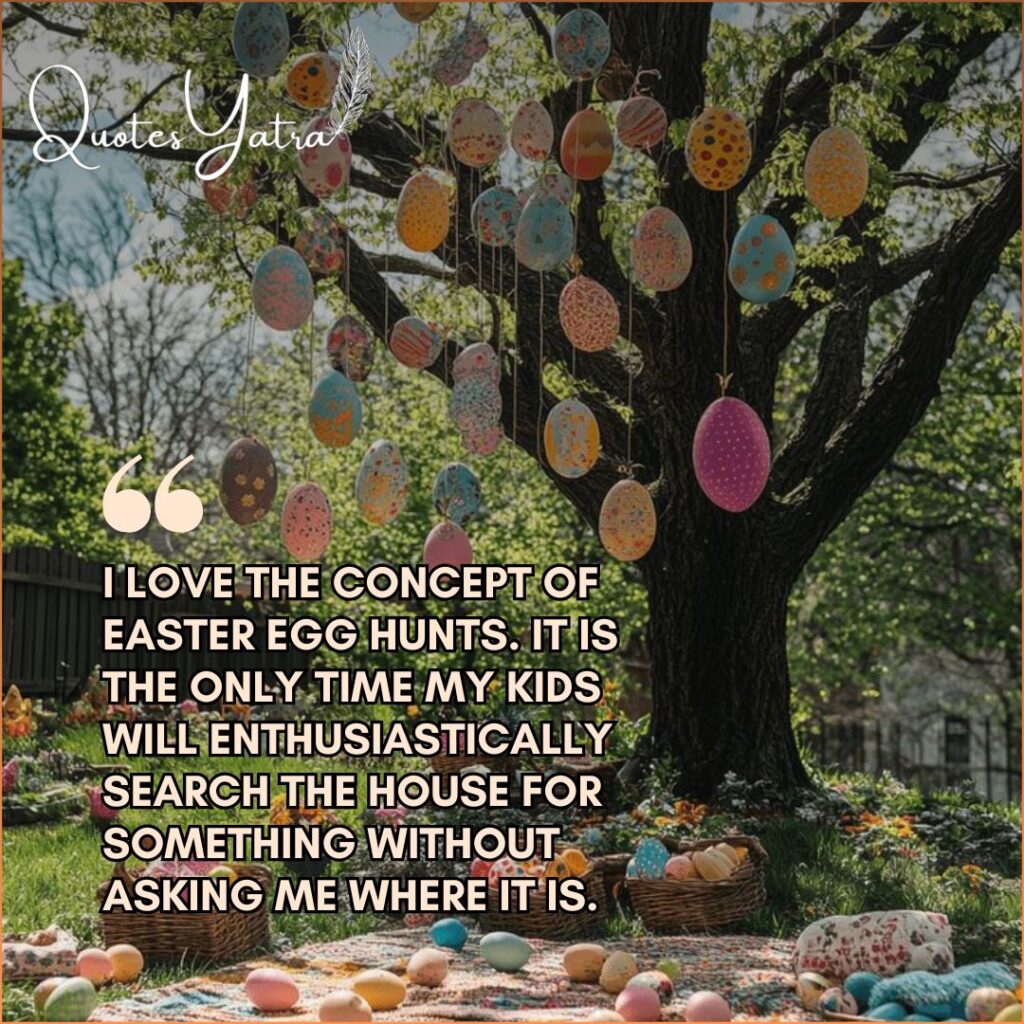 A large tree decorated with dozens of colorful handmade Easter eggs hanging from its branches with Easter baskets and loose eggs scattered on a picnic blanket below in a sunny garden