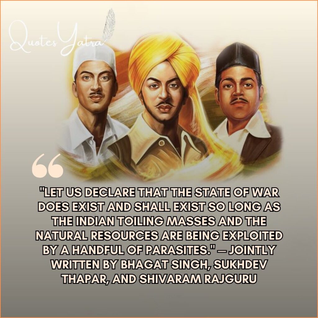 Historic quote by Bhagat Singh, Sukhdev Thapar, and Rajguru about revolution and justice on Shaheed Diwas