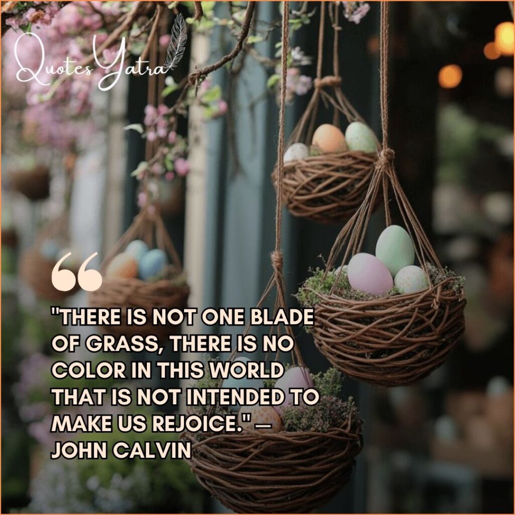 Three handwoven nest baskets hanging from flowering branches filled with soft pastel green pink and cream Easter eggs with blurred spring blossoms in the background