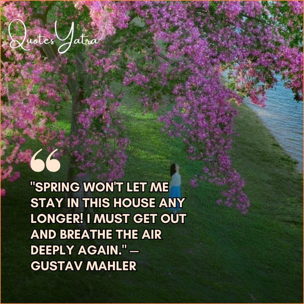Person walking under pink blossom tree near river with quote about stepping outside in spring by Gustav Mahler