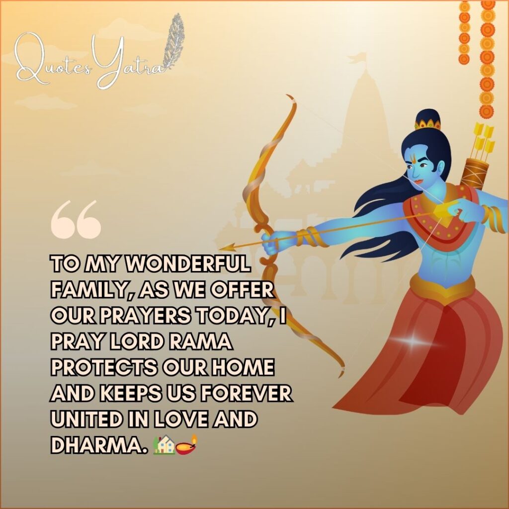 Illustration of Lord Rama aiming his bow with temple background symbolizing blessings and unity for Ram Navami wishes.