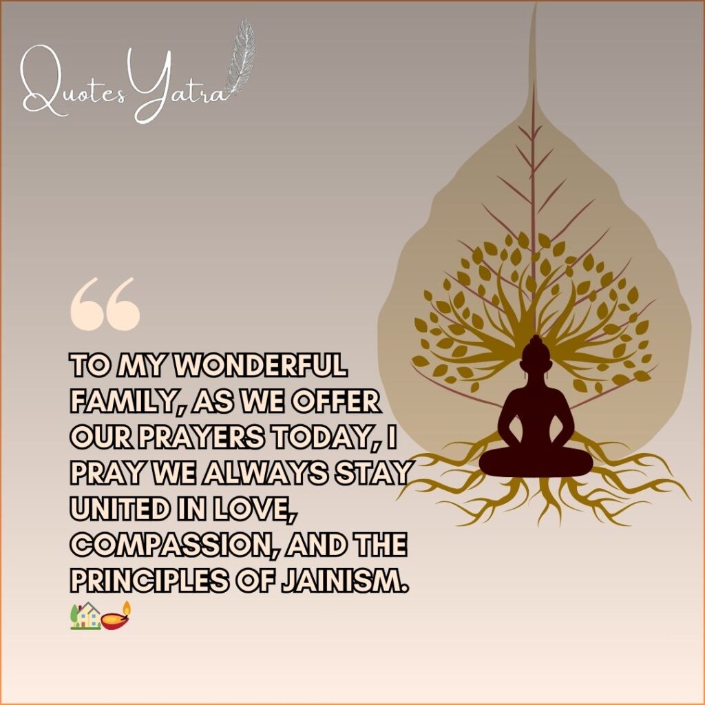 Mahavir Jayanti family wishes quote graphic with meditation figure and sacred Bodhi leaf