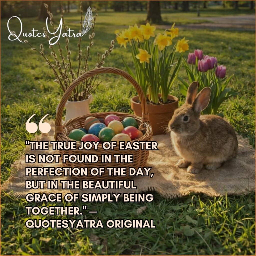 A real brown rabbit sitting beside a colorful wicker Easter basket surrounded by yellow daffodils and purple tulips in a bright sunny spring garden